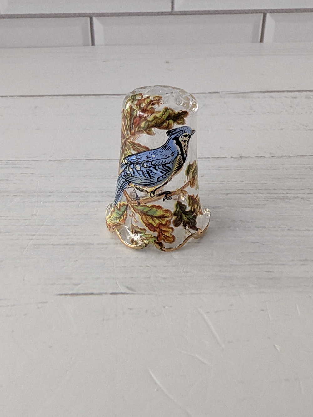 Clear Glass Thimble Blue Jay Bird Hand Painted Gold Rim Scalloped Base Vintage
